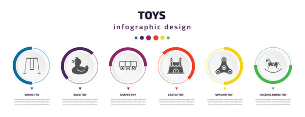 toys infographic element with filled icons and 6 step or option. toys icons such as swing toy, duck toy, shapes toy, castle spinner rocking horse vector. can be used for banner, info graph, web.