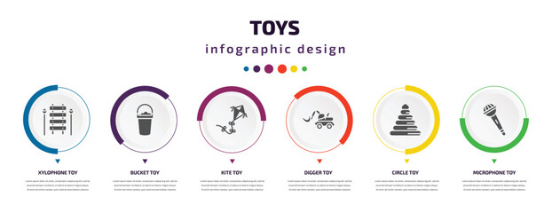 toys infographic element with filled icons and 6 step or option. toys icons such as xylophone toy, bucket toy, kite toy, digger circle microphone vector. can be used for banner, info graph, web.