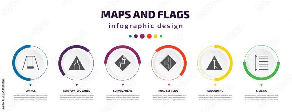 Aufkleber maps and flags infographic element with filled icons and 6 step or option. maps and flags icons such