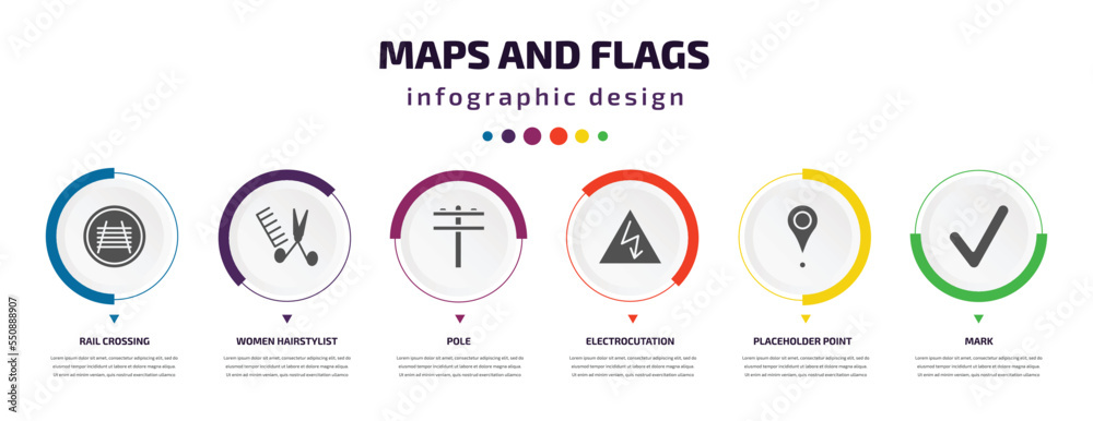 Poster maps and flags infographic element with filled icons and 6 step or option. maps and flags icons such