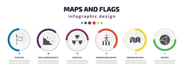 maps and flags infographic element with filled icons and 6 step or option. maps and flags icons such as plain flag, rock landslide safety, radiactive, crossing road caution, treasure map with x,