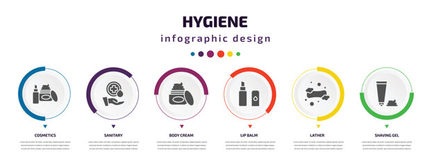 hygiene infographic element with filled icons and 6 step or option. hygiene icons such as cosmetics, sanitary, body cream, lip balm, lather, shaving gel vector. can be used for banner, info graph,