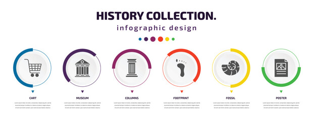 history collection. infographic element with filled icons and 6 step or option. history collection. icons such as cart, museum, columns, footprint, fossil, poster vector. can be used for banner,
