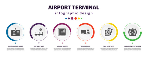 airport terminal infographic element with filled icons and 6 step or option. airport terminal icons such as identification badge, waiting place, parking square, trailer truck, two passports, book