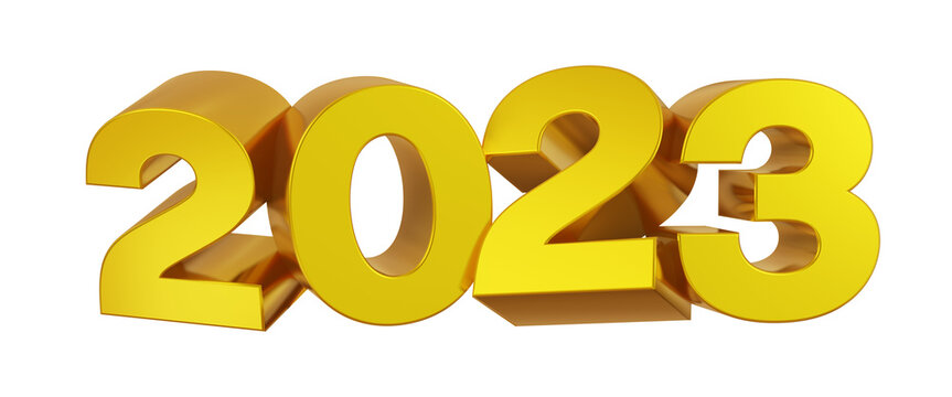 Golden 2023 celebration title with with a different spin on each number. 3D Rendering.