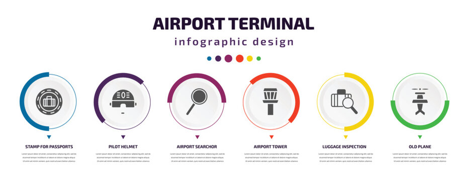 airport terminal infographic element with filled icons and 6 step or option. airport terminal icons such as stamp for passports, pilot helmet, airport searchor, tower, luggage inspection, old plane