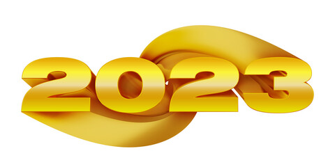 Golden 2023 celebration title with long rotary extrusion. 3D Rendering.