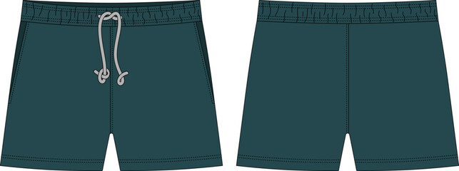 Blank shorts pants technical sketch design template. Dark green color.