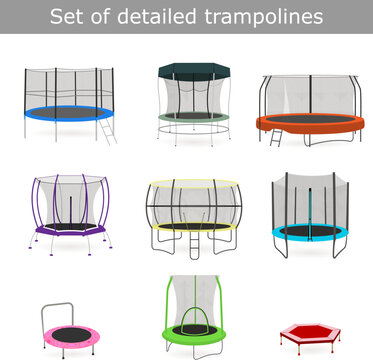 Set of different detailed trampolines for children's and adults. Collection of trampolines with safety net for jumping isolated on white