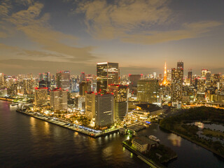 Fototapeta na wymiar High rise towers in vibrant megacity on coast at night