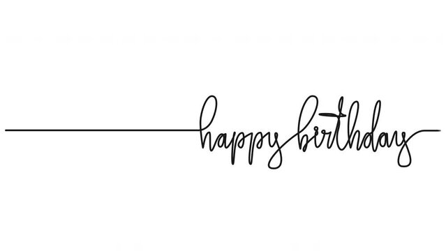 animated continuous single line drawing of text HAPPY BIRTHDAY isolated on white, line art animation