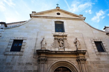 Baroque facade of the Catholic church of San Miguel in Murcia, with sculptures of saints	
