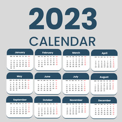 Monthly calendar template for 2023 year. Week Starts on Sunday. 
