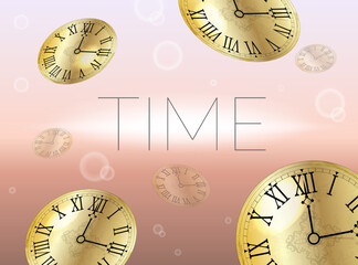 Beautiful airy background with gold clock face. Time concept. Nice shiny design with clocks. Word time with flare