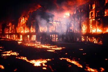 Fototapeta na wymiar A building burns in a blazing inferno. 