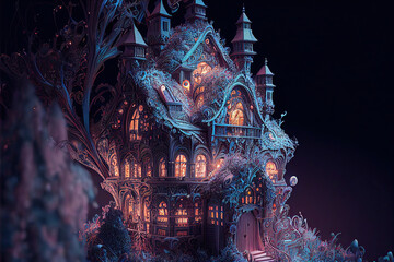 scary sorcerers house on black, illustration