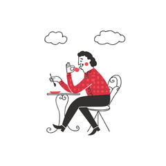 Gourmet man drinking coffee in a french cafe. Parisian man drinks tea on the outdoor terrace of the restaurant. Vector illustration in a handdrawn style