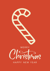 Christmas card with candy cane. Merry Christmas and Happy New Year lettering. Vector illustration