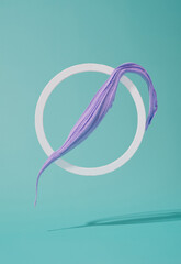 Periwinkle soft clay abstract shape. Circular frame on teal background. Retro futurism backdrop.