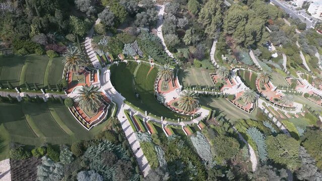 Aerial shot of the upper part of Bahai Gardens in Haifa city, Israel