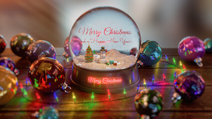 Merry Christmas Snowball on a table with christmas lights, warm atmosphere.
