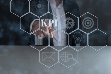 Hand pressing virtual button concept of k p I , key performance indicator .