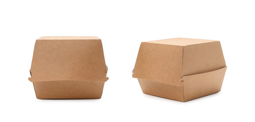 Container for a hamburger in two projections on. white background. Paper eco-friendly packaging for...