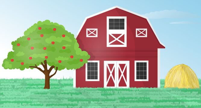 Beautiful vector illustration of the farm - barn, hay, apple tree, grass in cartoon style. Ranch for design.