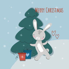Cute New Year's rabbit near the Christmas tree with gifts. Chinese character for 2023. Symbol of the year. Vector cartoon. Cartoon flat style. Lettering Merry Christmas. Postcard, banner, poster.