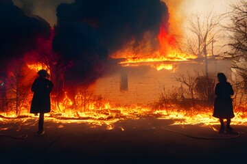 Silhouette of a person standing in front of a burning building. 