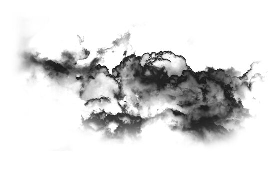 Abstract black cloud or smoke swirl overlay on transparent background pollution. Royalty high-quality free stock PNG image of abstract cloud overlays on white background. Black fog swirls fragments