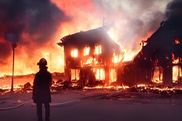 Silhouette of a person standing in front of a burning building. 