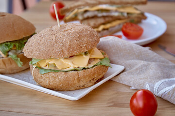 Vegan healthy alternative food - homemade burgers and sandwiches with plant-based cutlets and vegetables . Proper nutritions