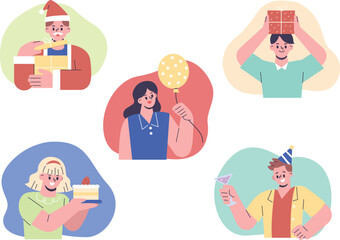 A set of people celebrating a Christmas and New year's party. Flat style vector illustration.