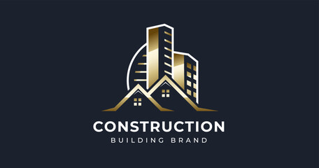 Luxury real estate house building construction line style logo icon symbol design template