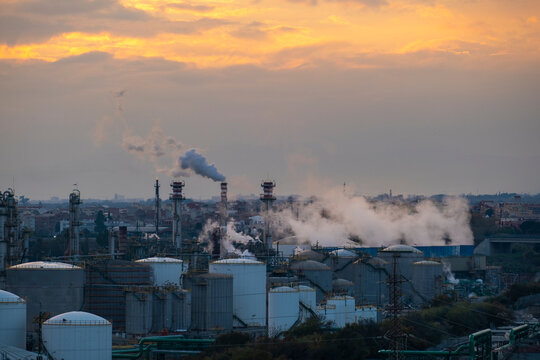 Industrial landscape of a refinery at sunset in the province of Tarragona in Spain