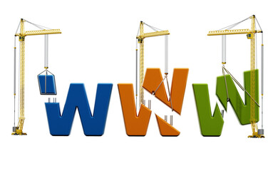 Colored www letters carried by construction cranes forming www word on transparent background