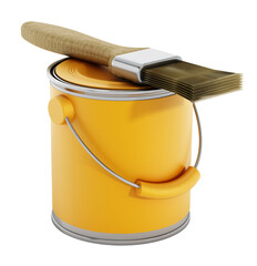 Yellow paint can and brush on transparent background