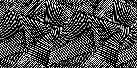 Seamless hand drawn geometric patchwork pattern made of fine white stripes on black background. Abstract rolling hills landscape motif or thatched polygons texture in a trendy doodle line art style.. - obrazy, fototapety, plakaty