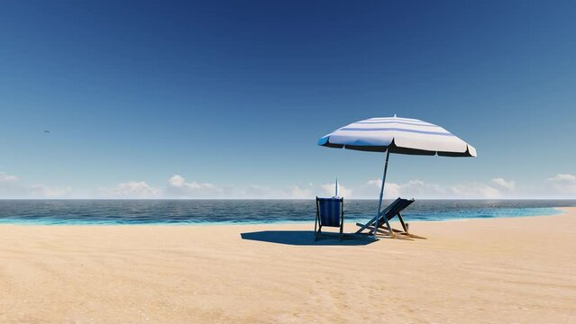 Beach chair and sea. Beach with blue sky in summer as vacation concept video. 4K Ultra Hd.
