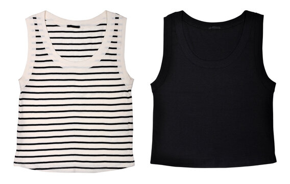 two female tank tops, striped and black, isolated on white background