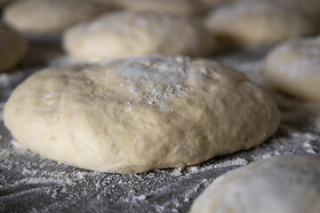 Dough buns rising to make pizza. Food made with refined white flour,