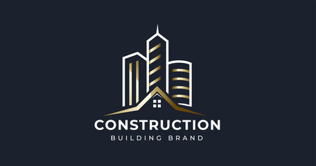 Golden city house building real estate with line style concept logo icon symbol design template	