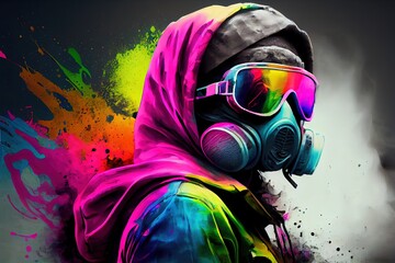 graffiti sprayer artist with mask in a colourful scene - obrazy, fototapety, plakaty