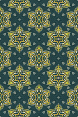 Indian style seamless vector pattern with flower star in green and gold tones. 