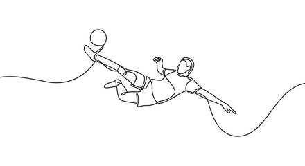 The football player kicks the ball. Continuous line drawing. Minimalist black linear sketch on a white background. Football vector illustration