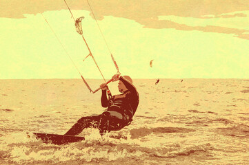 Ilustracja surfer na wodzie w jasnych słonecznych kolorach. - obrazy, fototapety, plakaty