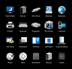 Computer icon pack. Dark theme. Desktop folder icons. New window customize shortcuts. Software app sign. Machine UI device symbol. Vector illustration.