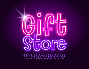 Vector advertising banner Gift Shop. Funny Glowing Font. Bright neon Alphabet Letters, Numbers and Numbers set