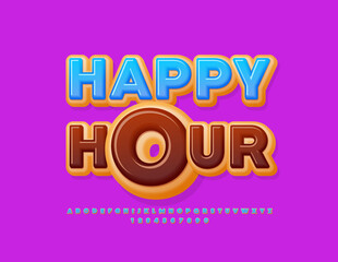 Vector promo poster Happy Hour. Blue glazed Font. Sweet Donut Alphabet Letters and Numbers set